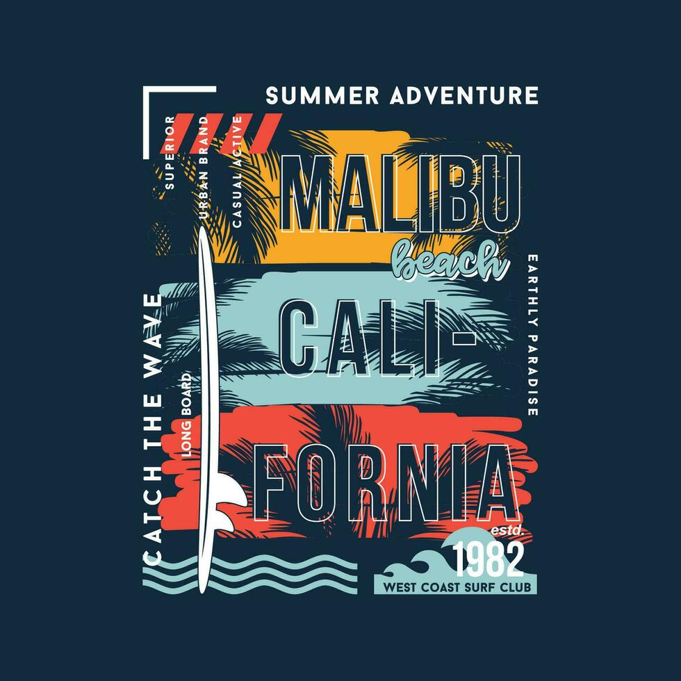 malibu beach graphic vector illustration in vintage style for t shirt and other print production.     palms tree abstract,beach vacation concept.