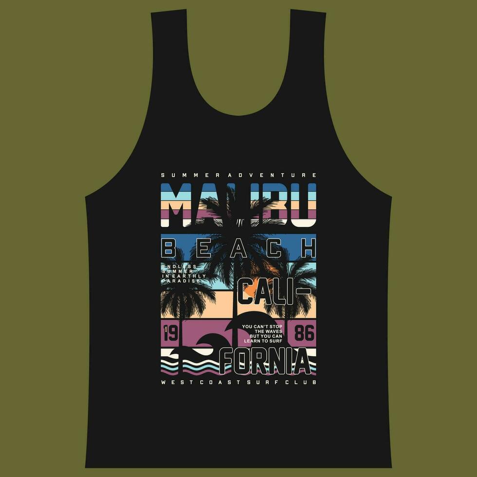 malibu beach graphic vector illustration in vintage style for t shirt and other print production.     palms tree abstract,beach vacation concept.