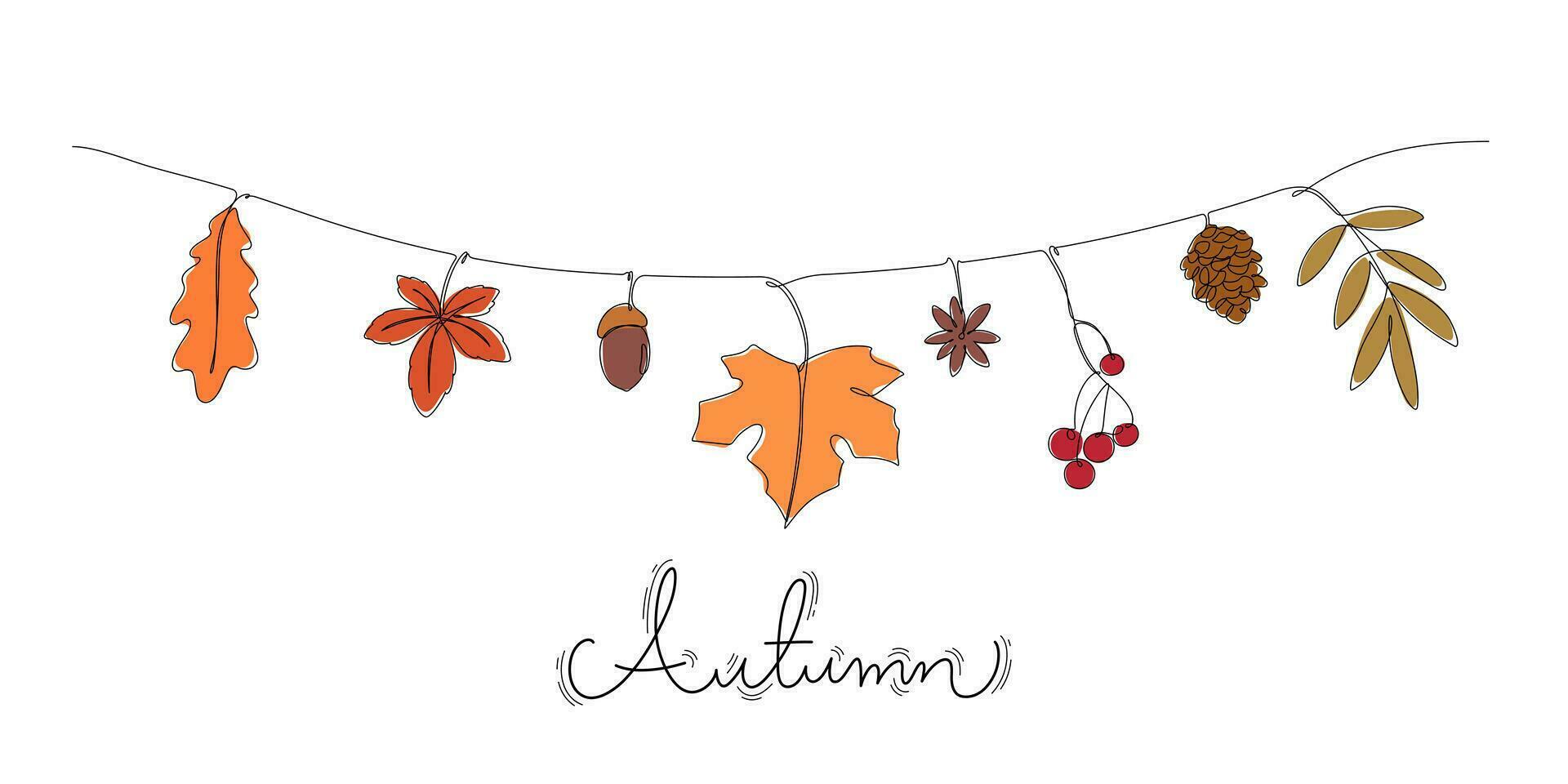 continuo línea dibujo de colores de otoño hojas pared decorado colgando cuerda vector