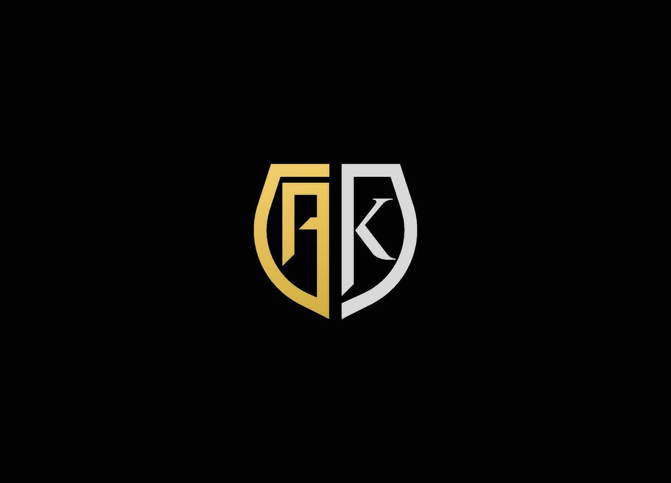 AK shield logo design vector icon. Initial letter AK, looping line, hexagon shape logo, silver gold color on black background. Creative letter AK logo gaming esport with shield and sword design ideas