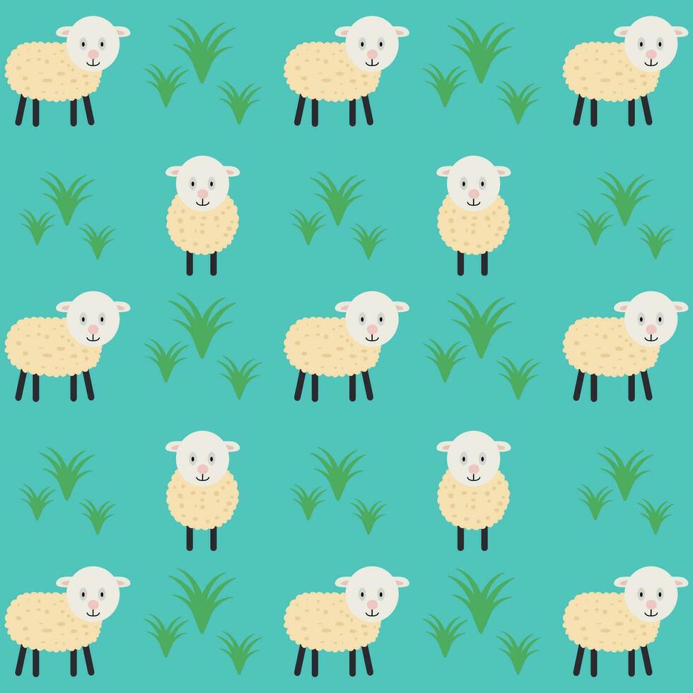 Cute seamless pattern background with funny sheep and grass in cartoon style vector