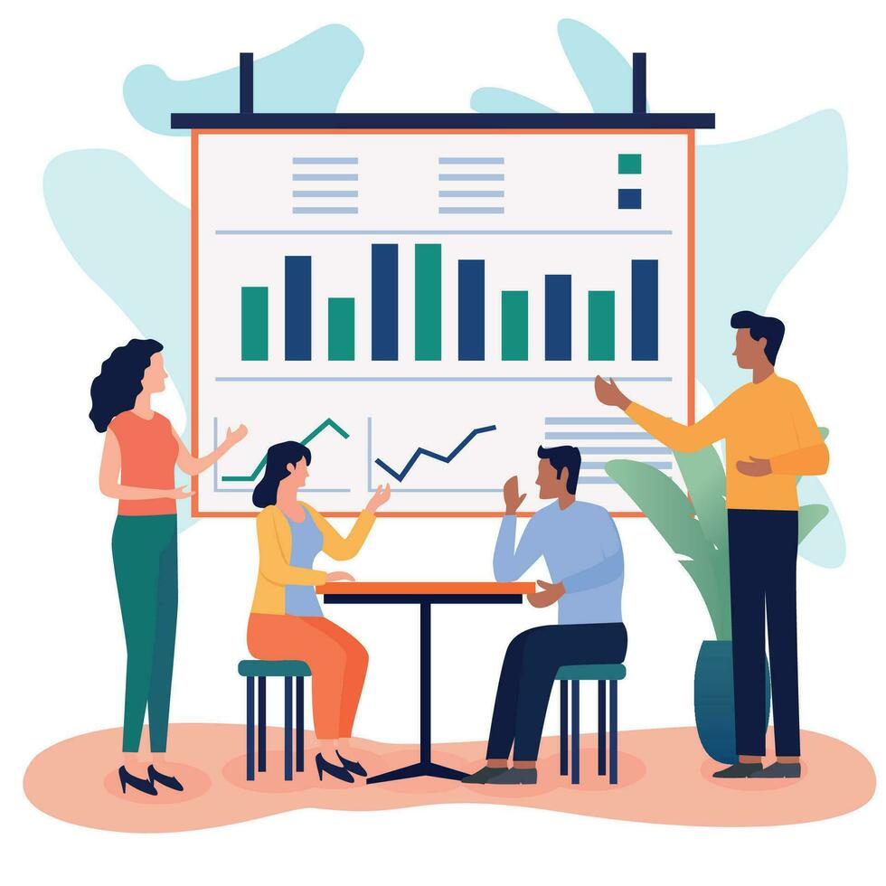 Business Meeting. Vector cartoon illustration in a flat style of a group of diverse people leading a discussion at a table near a whiteboard with charts and graphs. Isolated on background