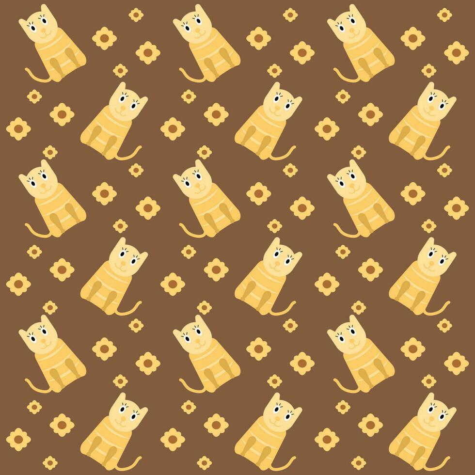Colorful cute cat seamless pattern isolated on brown background vector