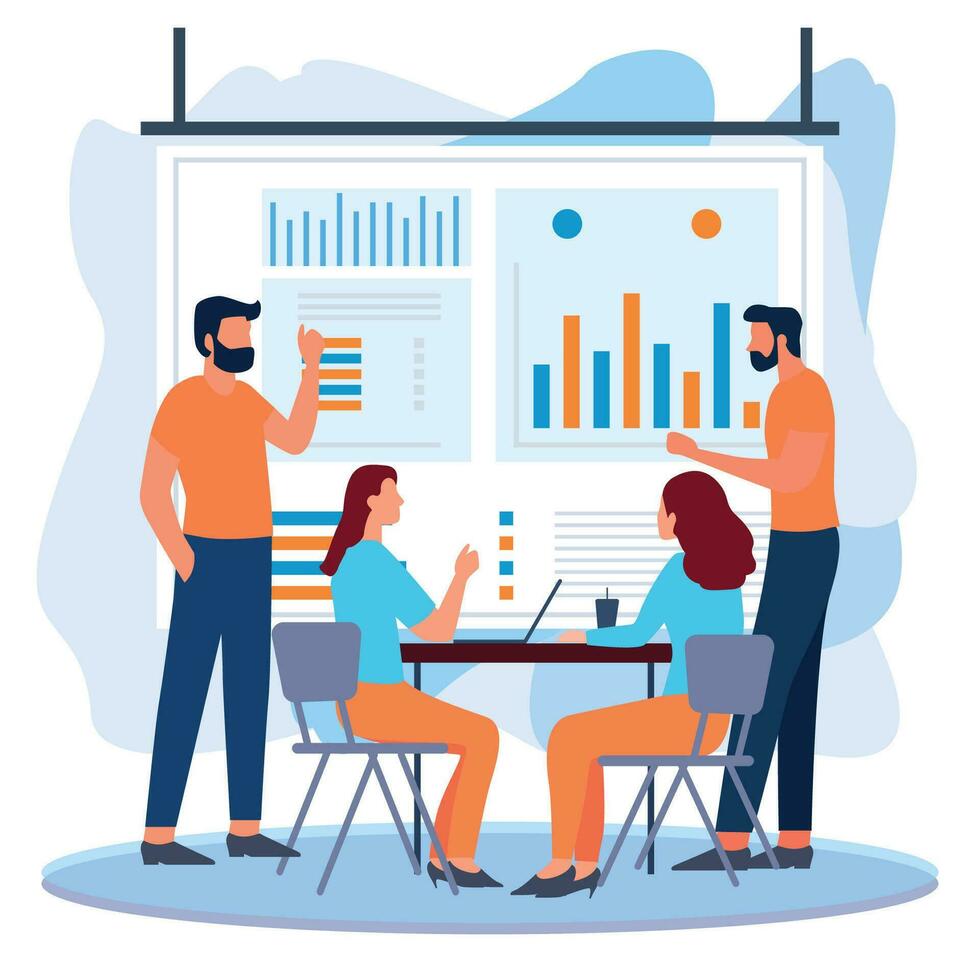 Business Meeting. Vector cartoon illustration in a flat style of a group of diverse people leading a discussion at a table near a whiteboard with charts and graphs. Isolated on background