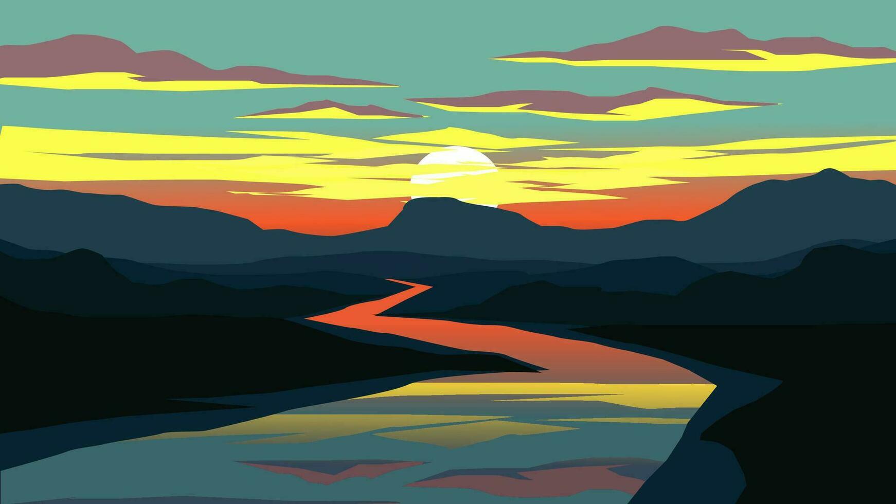 Vector flat sunset landscape with mountains and rive