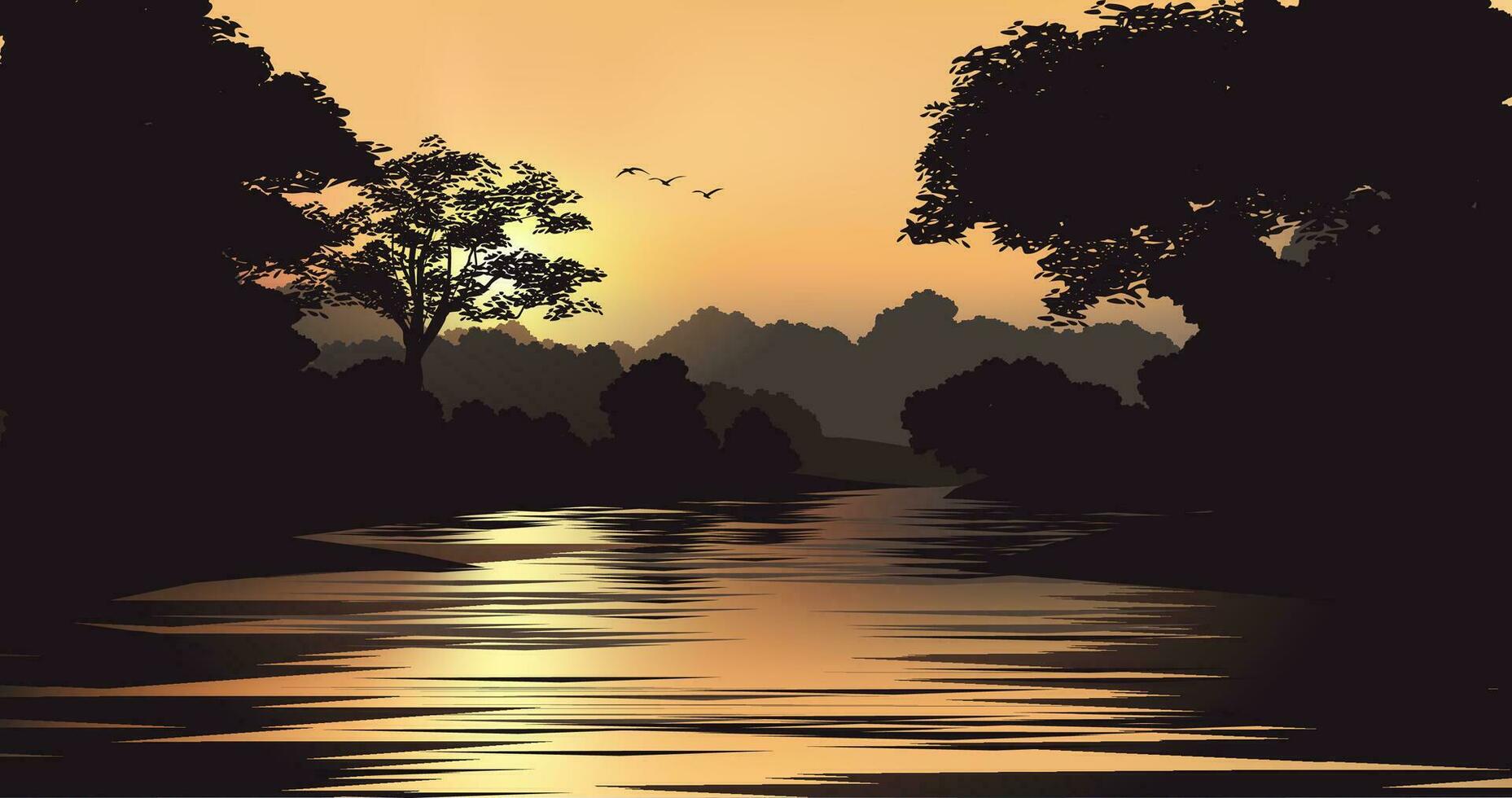 Vector illustration of beautiful calm sunset over the river with misty forest