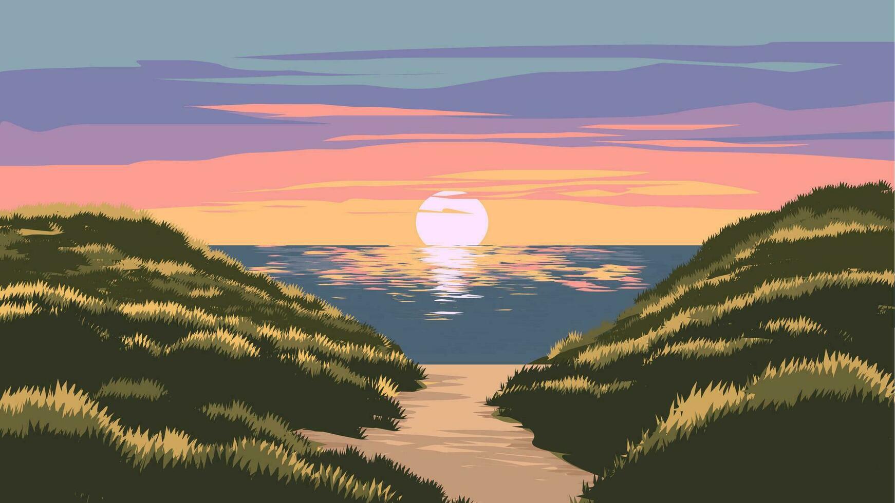 Beach sunset landscape with path leading toward the ocean vector