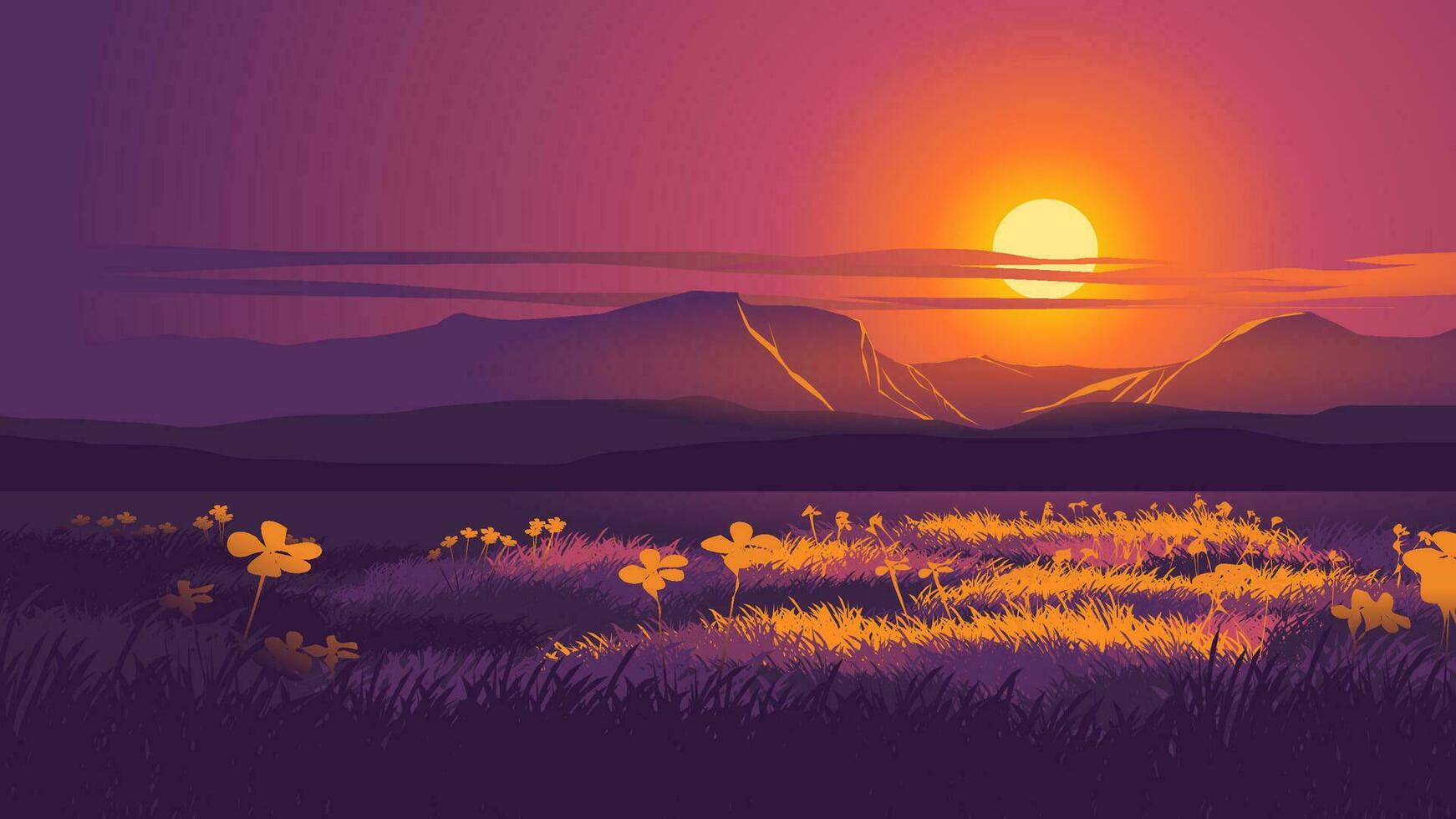 Vector illustration of tranquil calm night over meadow with mountains and full moon