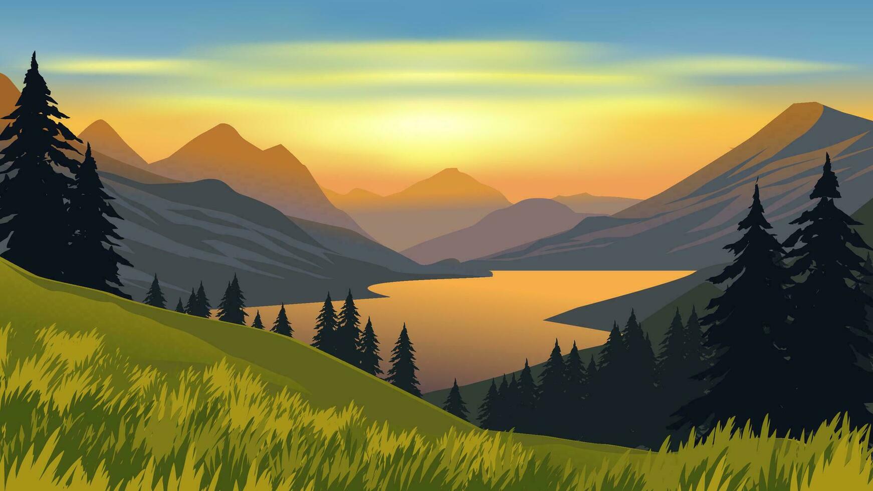 Vector illustration of mountains and lake landscape with pine fores