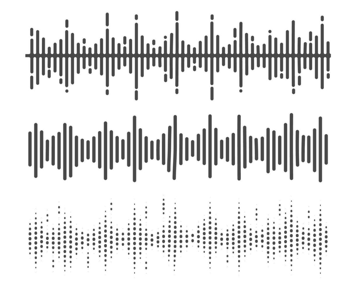 Sound wave of music voice and radio. Frequency waveform line. Abstract graphic equalizer illustration. Vector digital pattern.