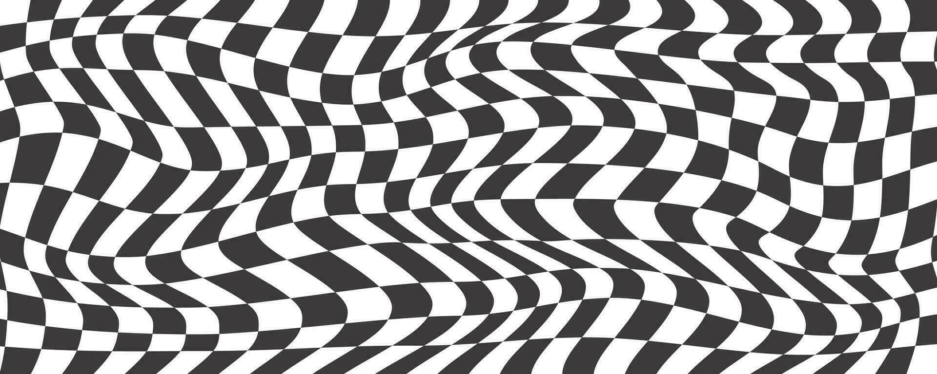 Checkerboard wavy pattern. Abstract chess square print. Black and white psychedelic optical illusion. Warped flag with geometric graphic. Y2k design for banner vector