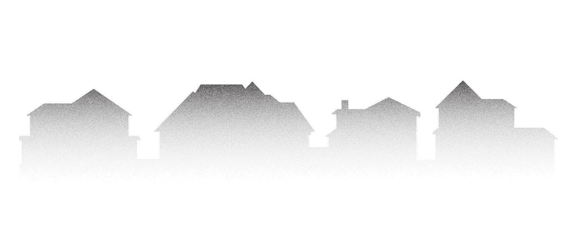 Neighborhood houses stipple panoramic landscape. Buildings drawing silhouette with dotted gradient. Minimalistic vector illustration.