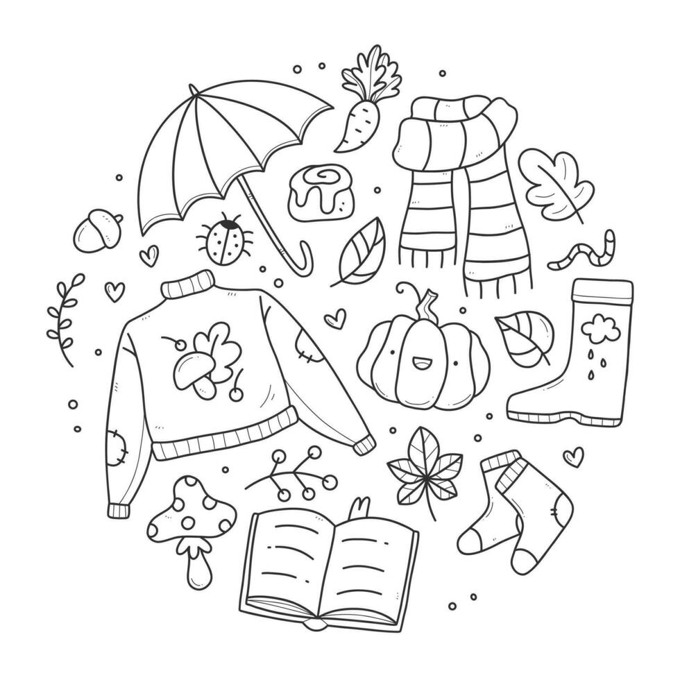 A set of cute autumn doodles circle shape. A collection of simple autumn drawings. Vector illustration.