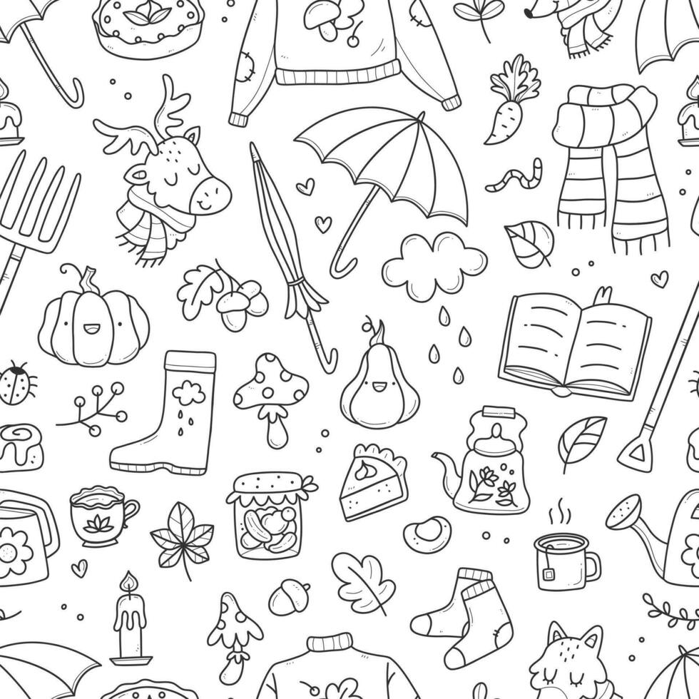 Seamless autumn pattern with cute doodles. Vector illustration background