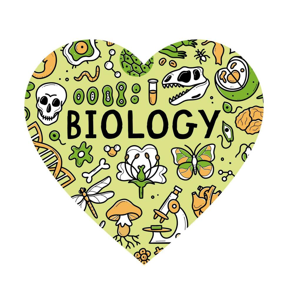 Biology doodle set. Collection of hand drawn elements science biology heart shape. Vector illustration isolated on a white background