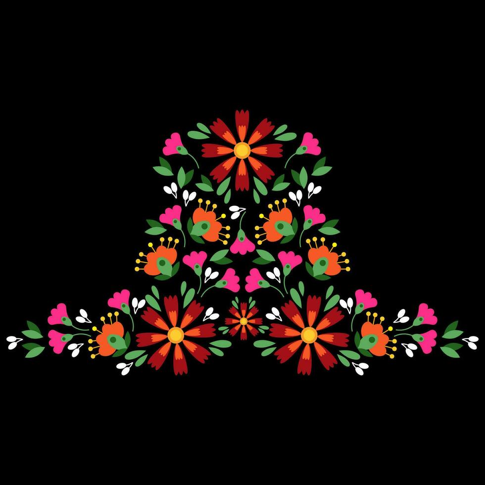 Floral Mexican symmetrical embroidery on a black background vector