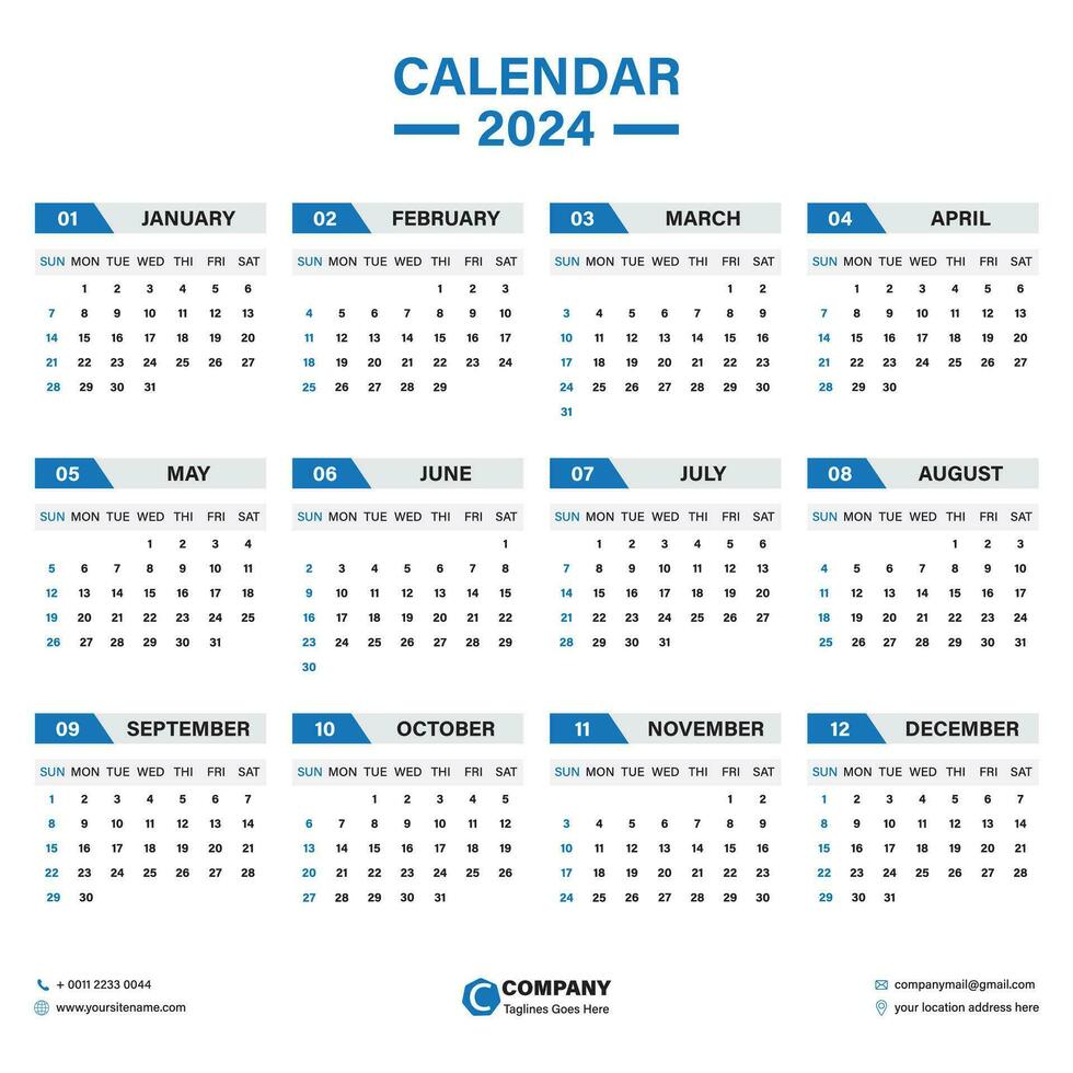 calendar 2024 week start Monday corporate set design template vector file