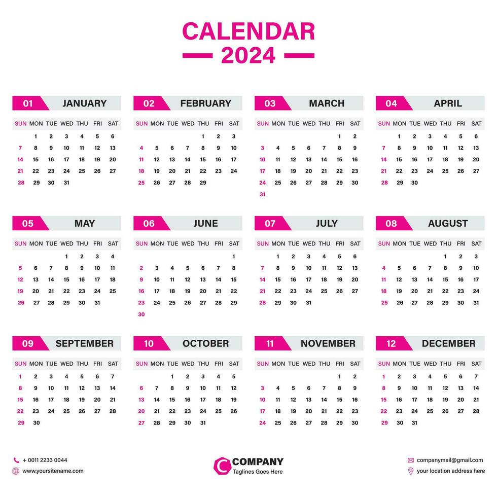 calendar 2024 week start Monday corporate set design template vector file