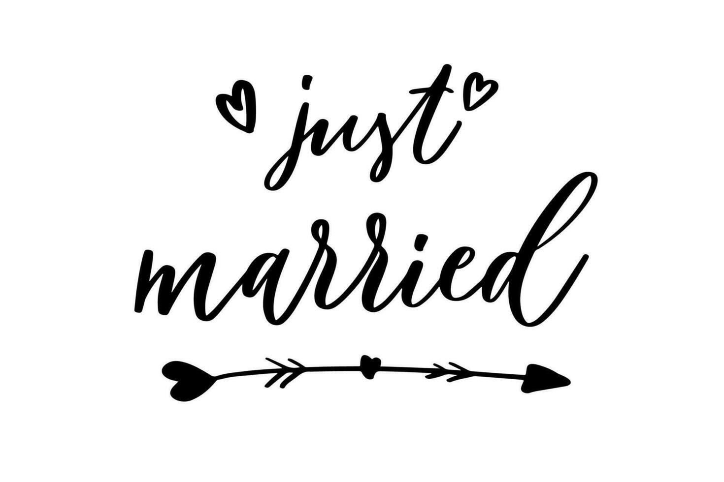 JUST MARRIED hand lettering, vector illustration. Hand drawn lettering card background. Modern handmade calligraphy. Hand drawn lettering element for your design.