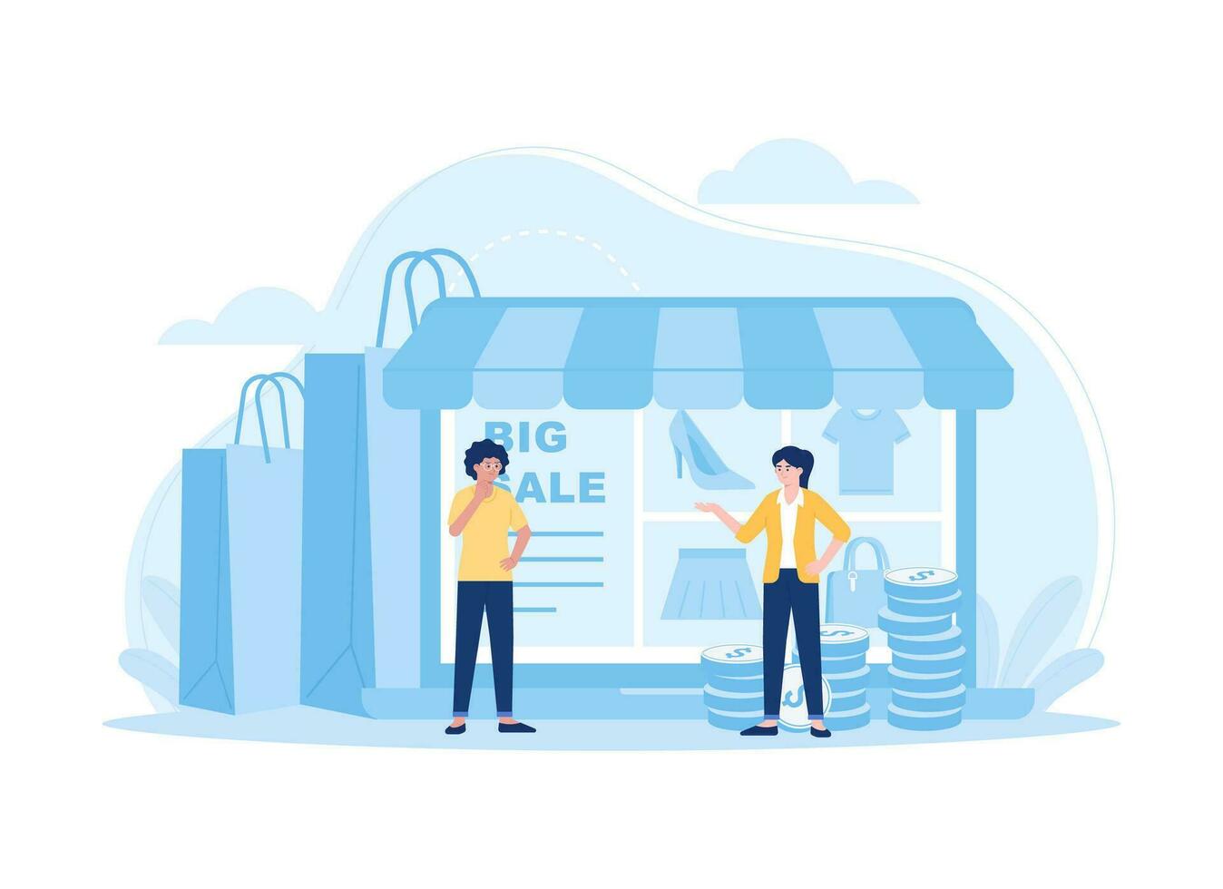 A woman shopping on a big sale day concept flat illustration vector