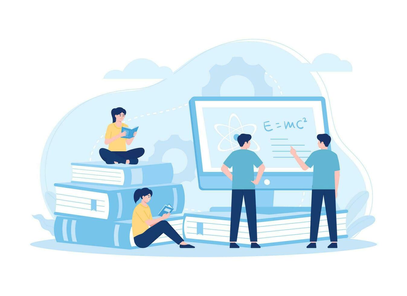 Group of people reading a book and studying online on computer screen concept flat illustration vector