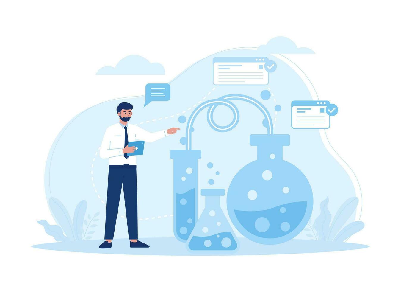 Scientist doing tests in flasks in lab, scientific research concept