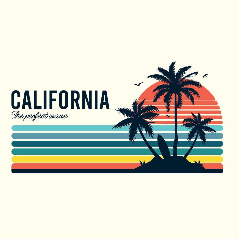 California Perfecto ola surf playa paraíso. puesta de sol verano palma árboles, California playa gráfico impresión diseño para t camisa, póster, pegatina y otros. verano vibras. vector