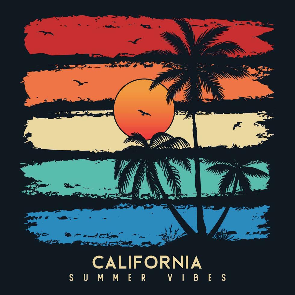 California verano vibraciones tipografía eslogan en palma arboles antecedentes para verano Moda impresión. retro color cepillo cigüeña con Dom olas y tablas de surf - gráfico vector impresión para tee t camisa