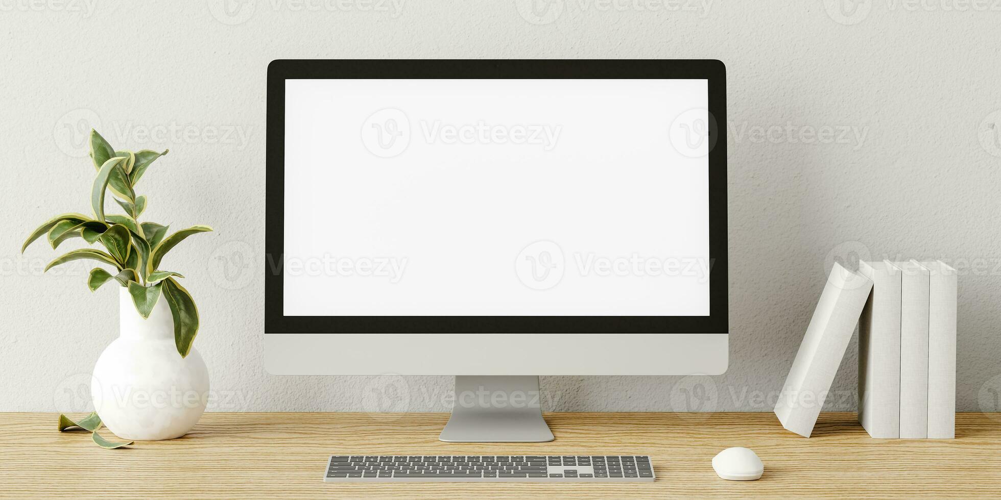 moderno computadora con blanco pantalla en un moderno escritorio. 3d hacer foto