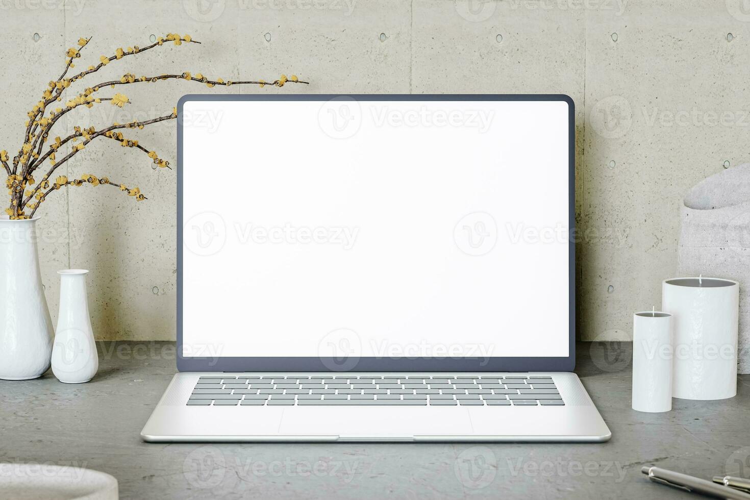 3D rendering of white laptop computer placed photo