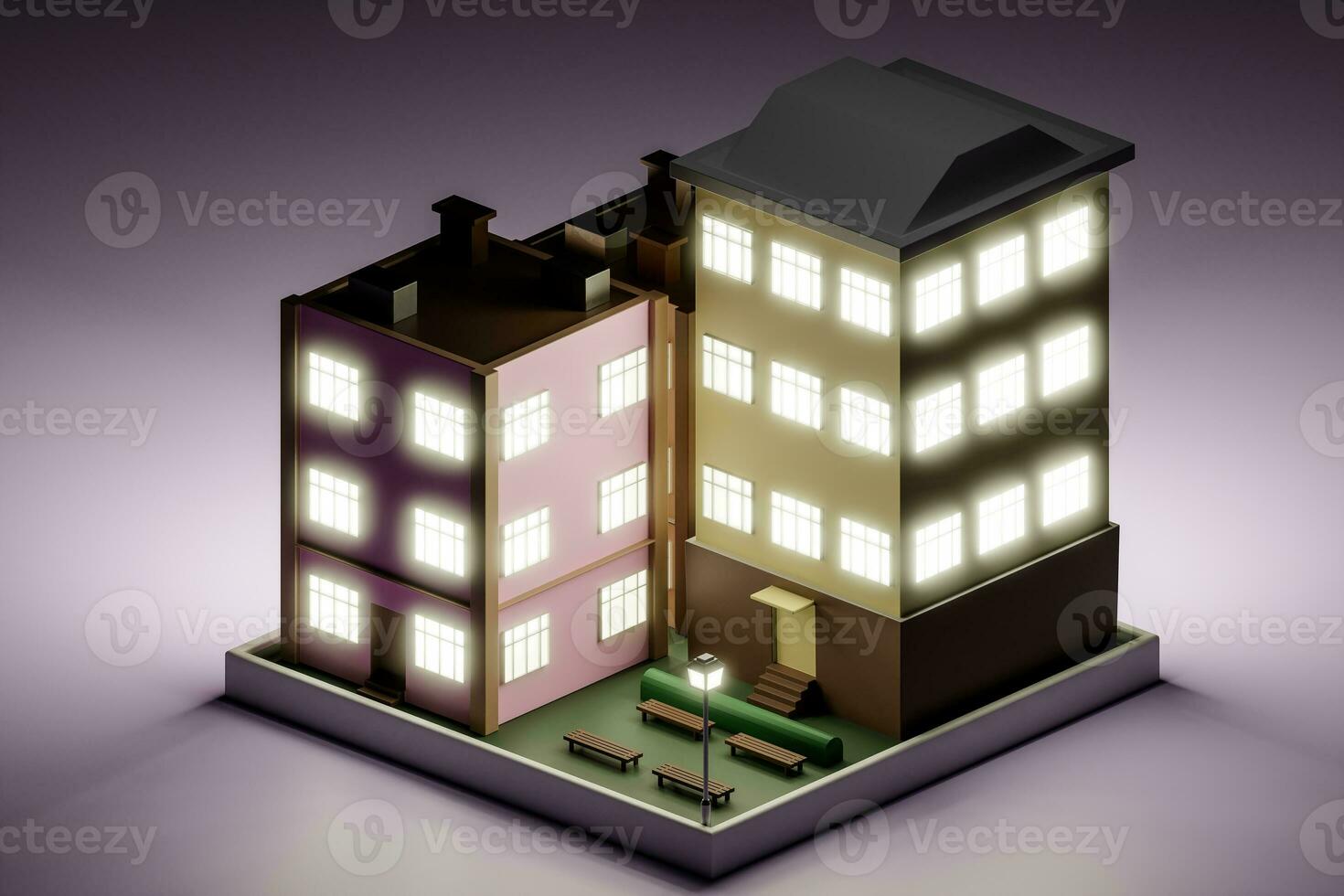 3D render illustration of multistory residential building at night. Isometric view photo