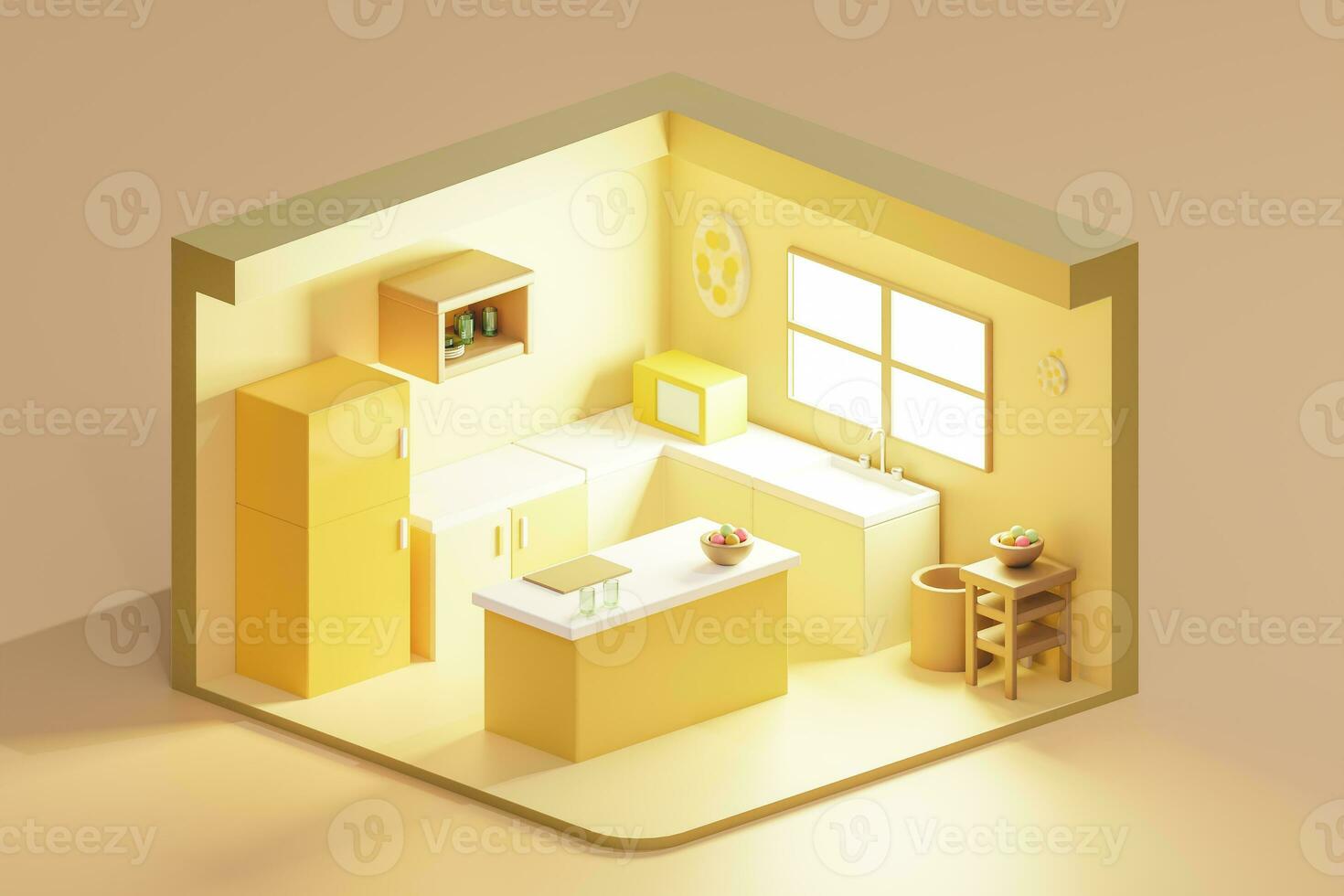 3D render of cartoon low poly yellow kitchen with window. Isometric view photo