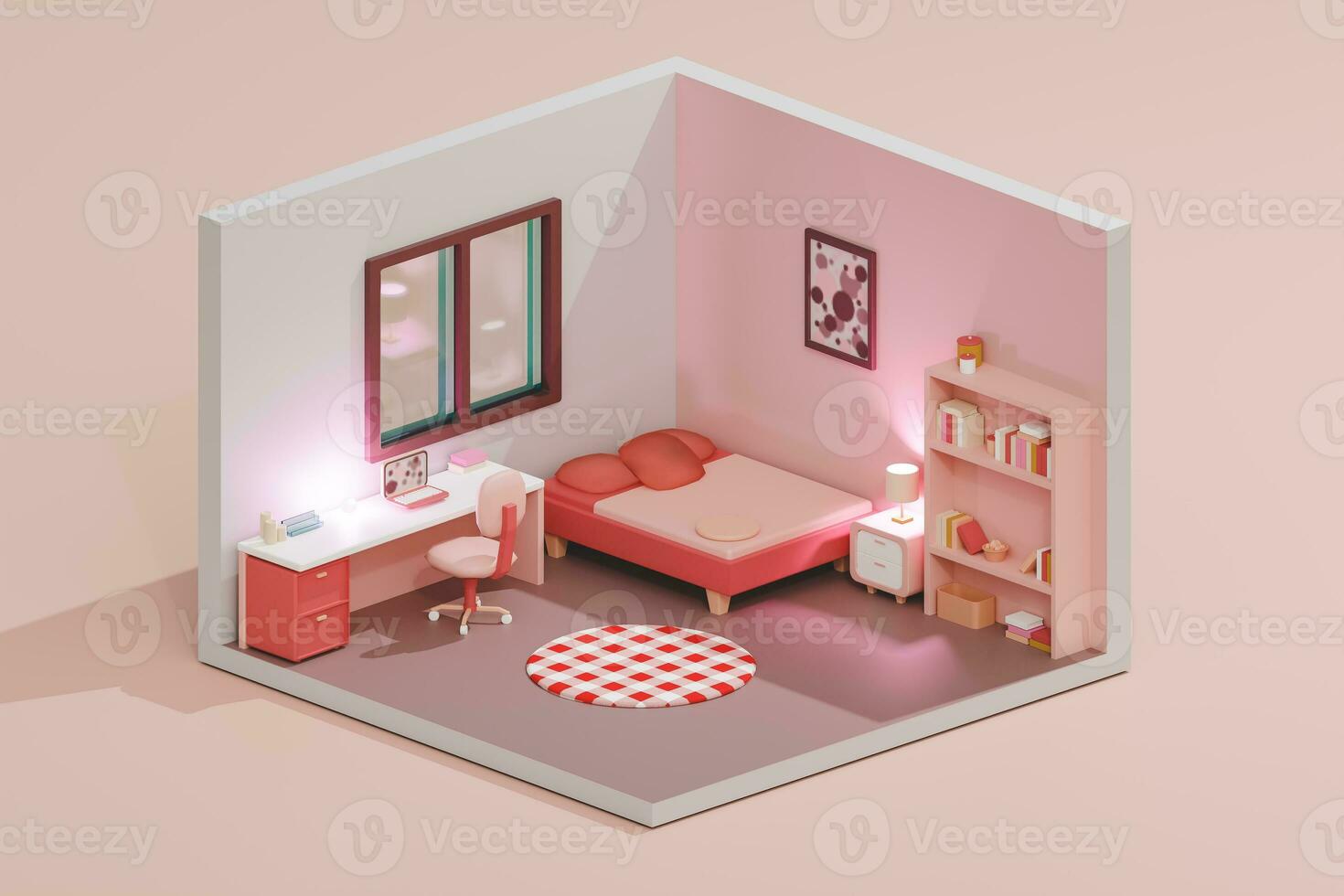 3D render low poly of modern bedroom with glowing lamps and pink color, isometric view photo