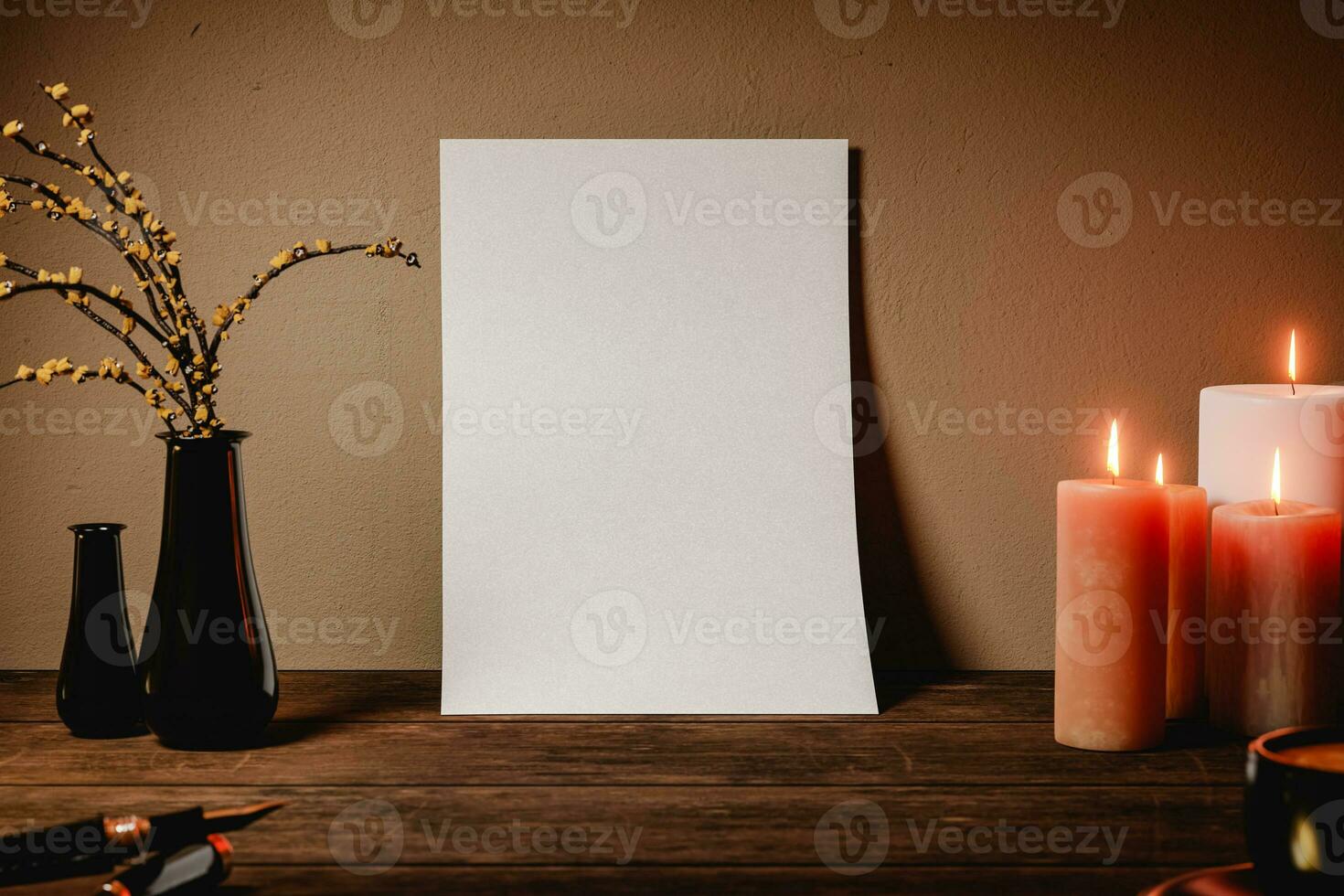 A4 sheet mock up for presentation and advertising on wooden table. 3D rendering photo