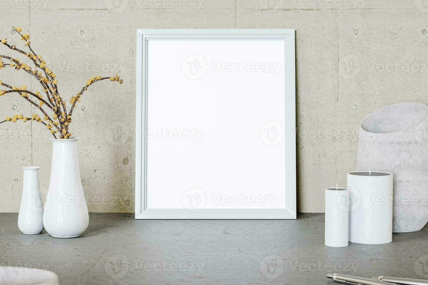 3D rendering of empty photo frame placed on table