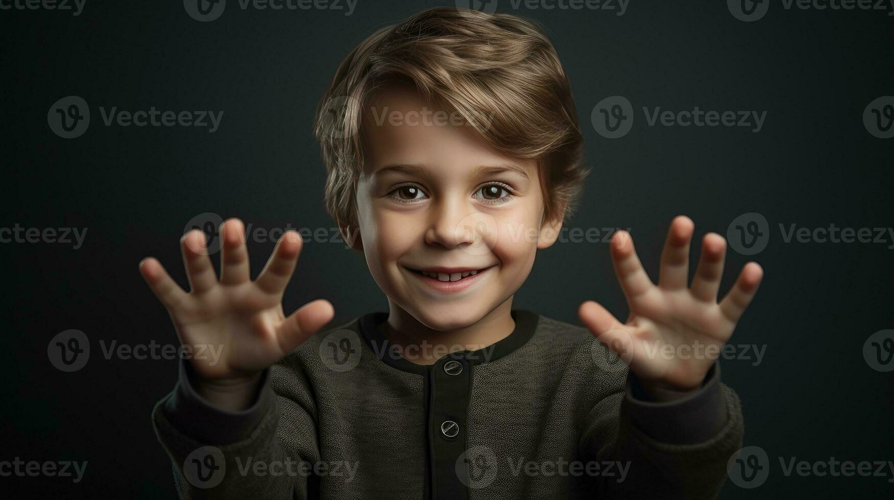 Little boy shows the palms of his hands created with Generative Al technology photo