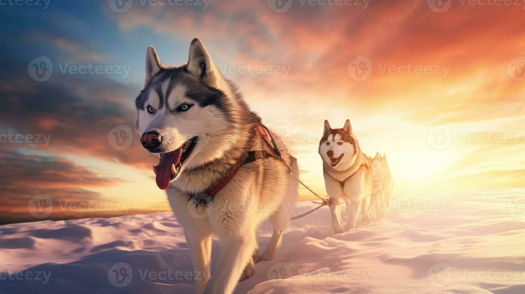 Sled dog Siberian husky is driving a sled through a winter snow-covered forest created with Generative Al technology photo