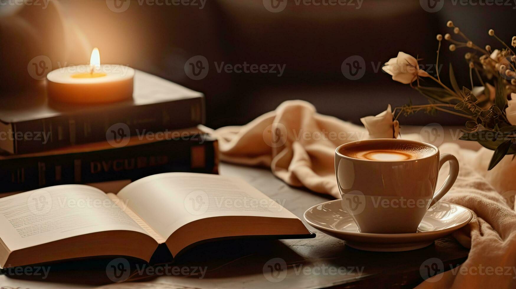 Burning candle and open paper book, cup of kofk Cozy atmosphere concept. good morning. created with Generative Al technology photo