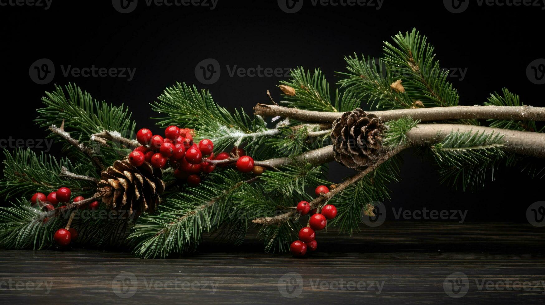 Fir branch with cones and berries created with Generative Al technology photo