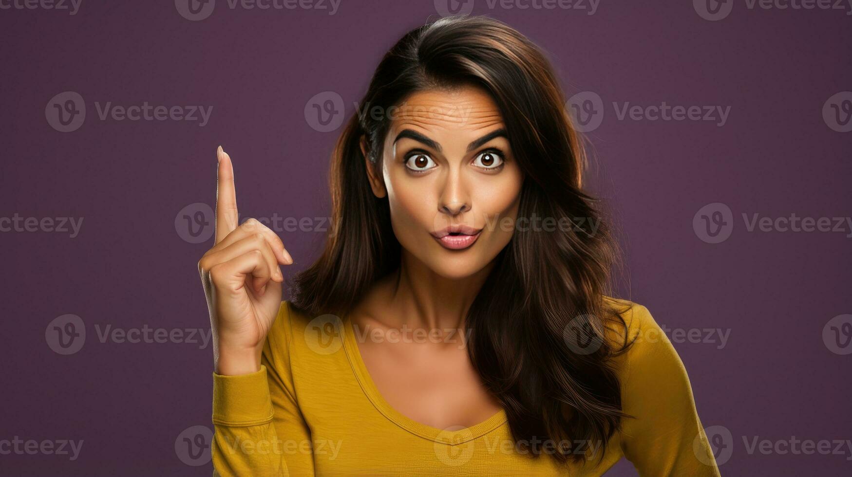Very surprised and shocked teen young woman open mouth pointing up with finger created with Generative Al technology photo
