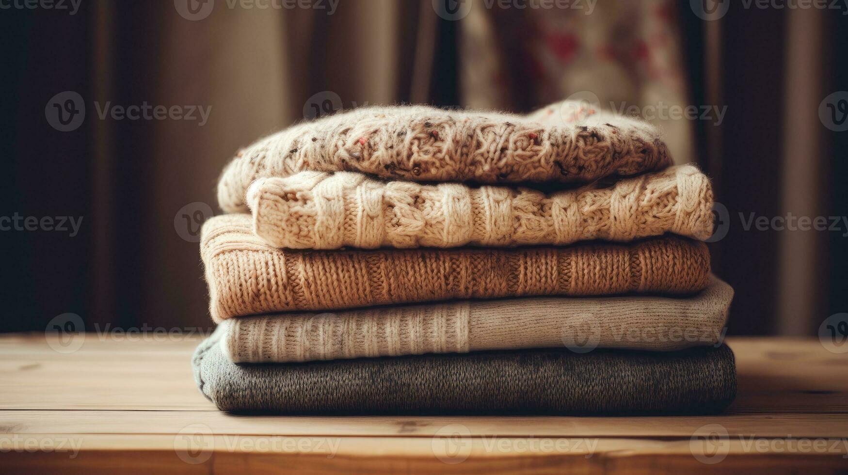 Knitted woolen clothes, after washing. close-up. Winter and autumn warm cozy sweaters created with Generative Al technology photo