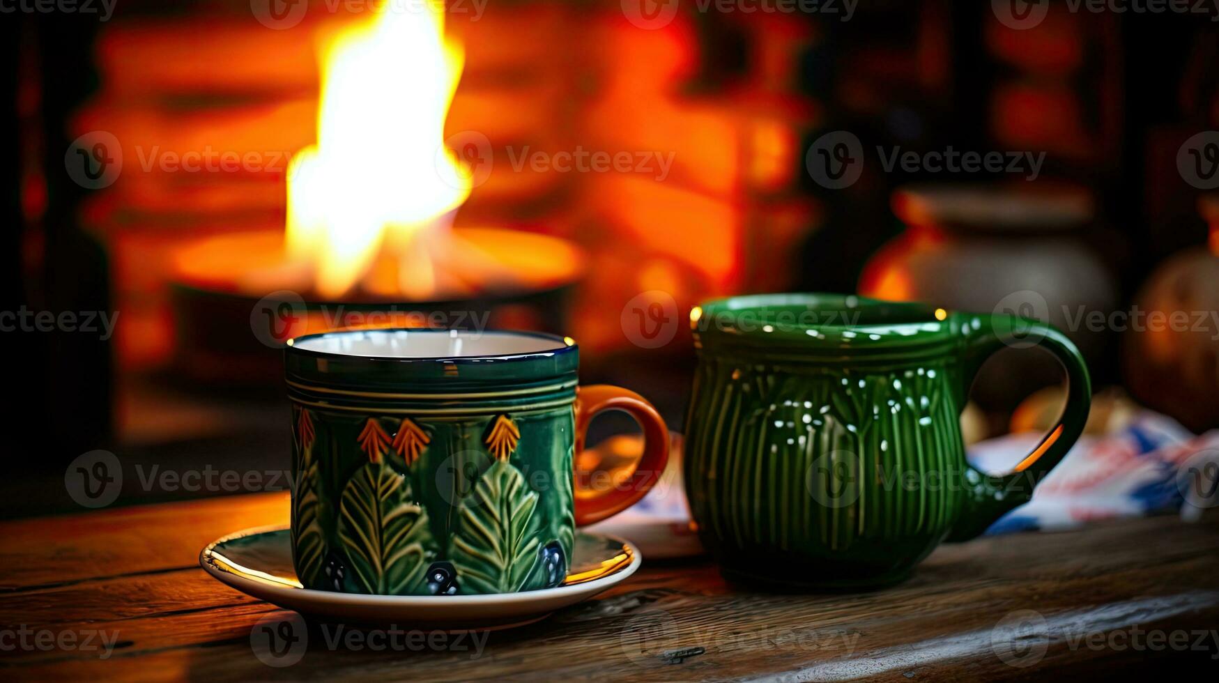 Mug with hot tea standing on a table with woolen blanket in a cozy living room with fireplace. Cozy winter day. created with Generative Al technology photo