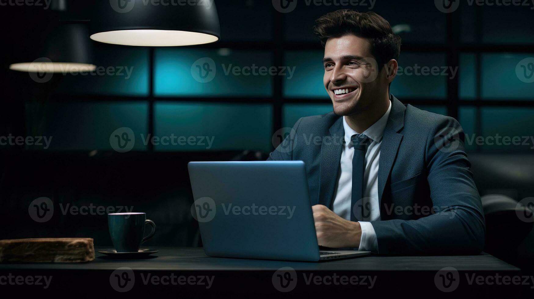 Modern Office Portrait of a Smiling Businessman Works on laptop created with Generative Al technology photo