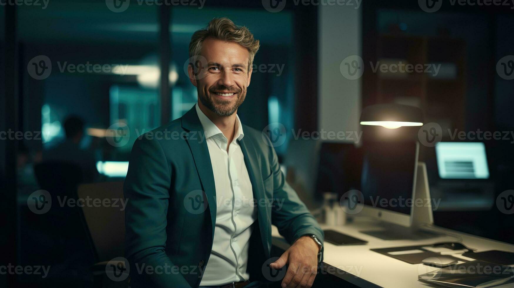 Modern Office Portrait of a Smiling Businessman Works on Computer created with Generative Al technology photo