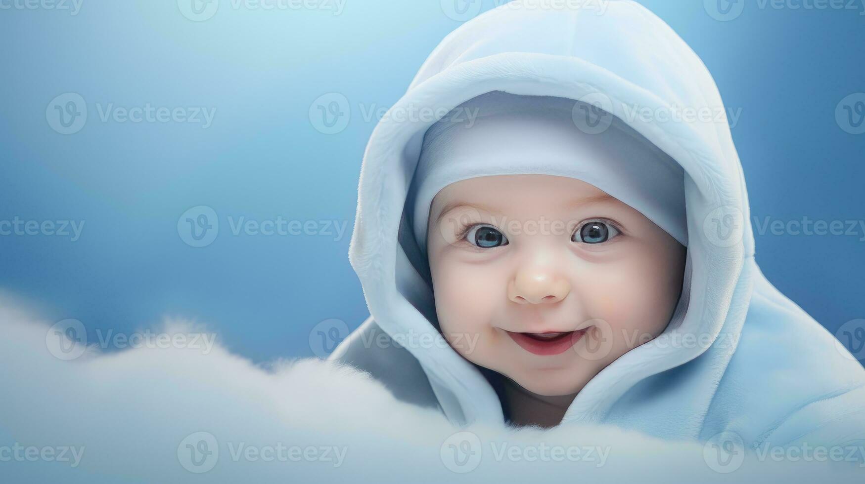 Cute little baby, relaxing in bed after bath, smiling happily created with Generative Al technology. photo