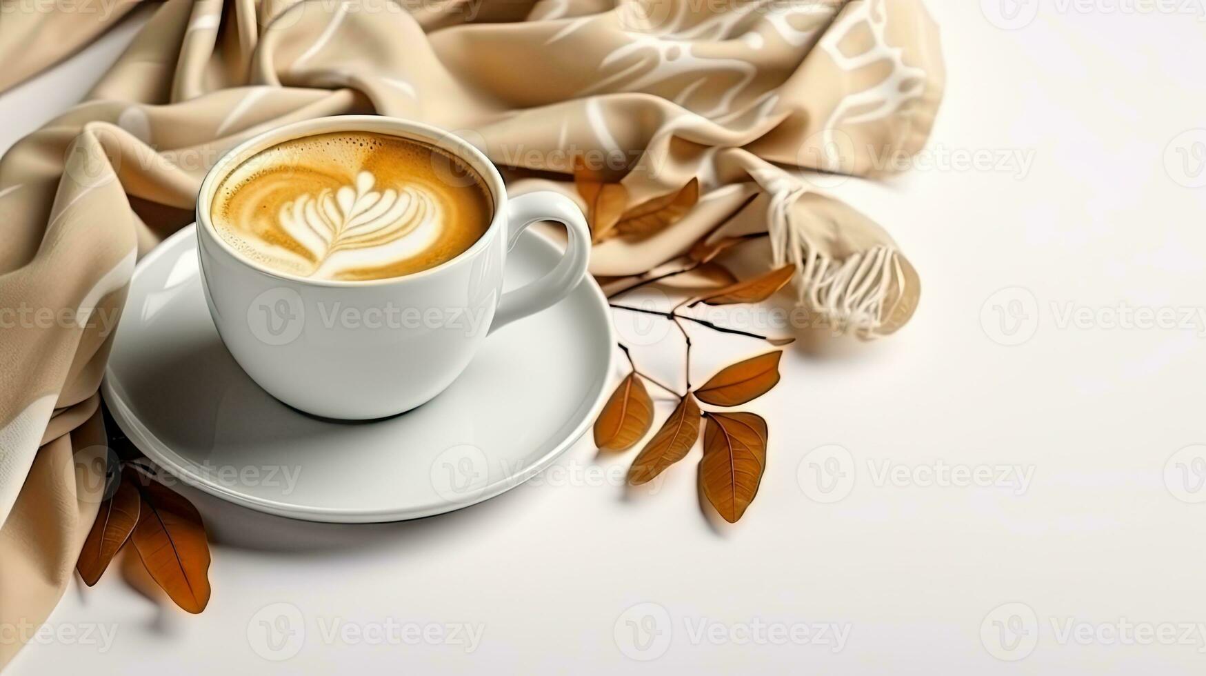 Autumn still life flat lay with cup of coffee, and plaid on white background. Fall decoration for Thanksgiving day. created with Generative Al technology photo