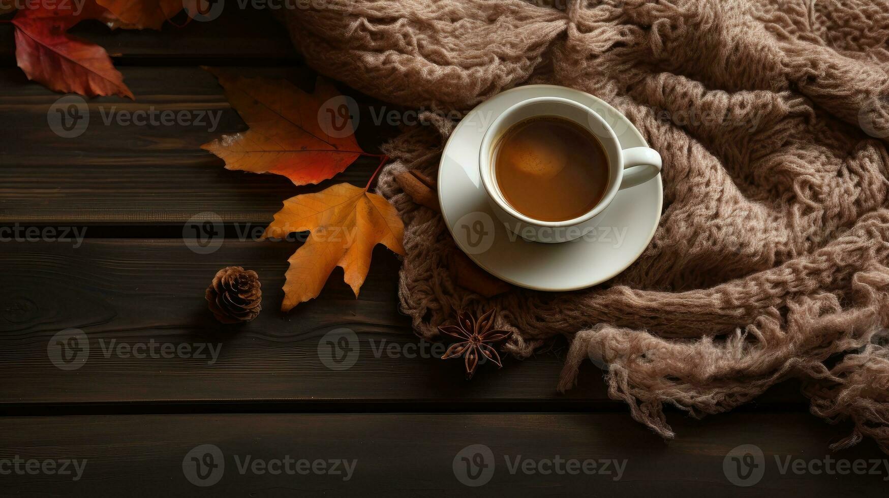 Autumn cozy composition with gray soft plaid and cup of coffee. created with Generative Al technology photo