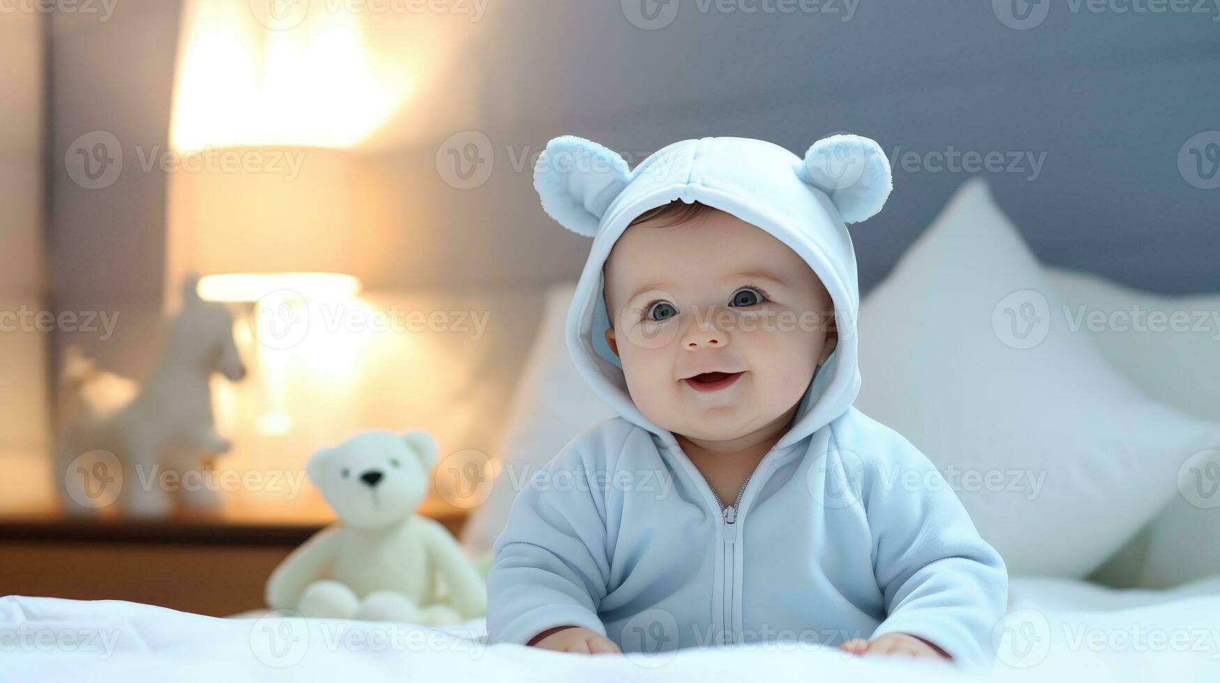 Cute little baby, relaxing in bed after bath, smiling happily created with Generative Al technology. photo