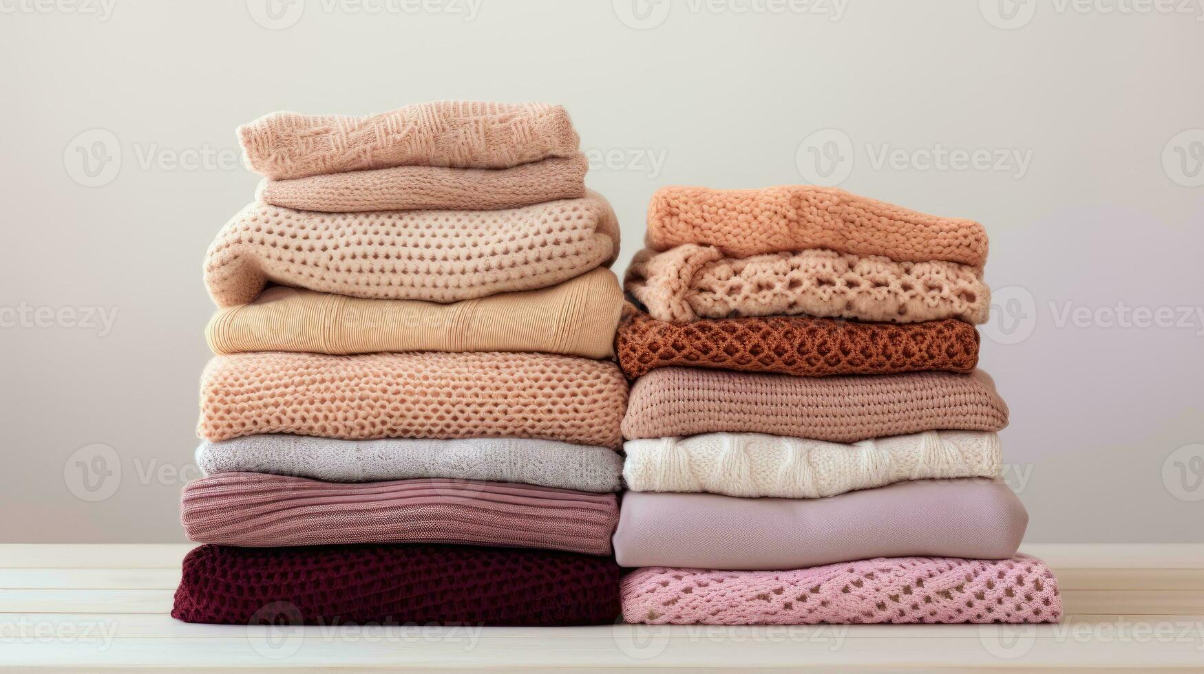 Knitted woolen clothes, after washing. close-up. Winter and autumn warm cozy sweaters created with Generative Al technology photo