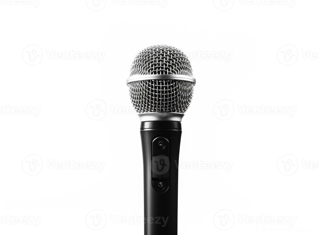 Close up of high quality dynamic microphone connect with male connector and cable isolated on white background,top view. created with technology photo